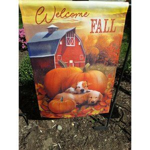Fall leaves  pumpkin puppies garden flag Printed